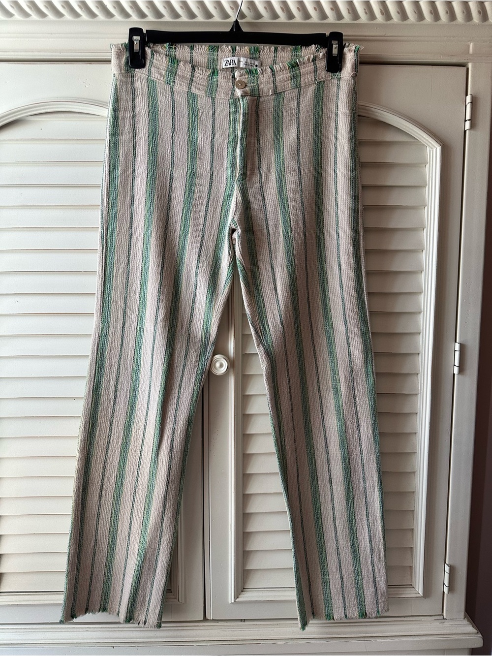 Zara Cream and Green Striped Straight-Leg Pants